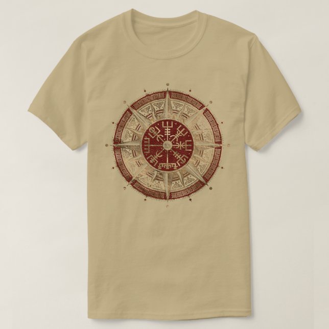 Vegvisier Viking Compass Black and Red Leather und T-Shirt (Design vorne)