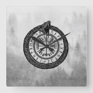 Vegvisir mit Ouroboros und Runen - Grayscale Quadratische Wanduhr