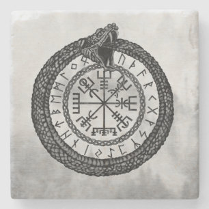 Vegvisir mit Ouroboros und Runen - Grayscale Steinuntersetzer