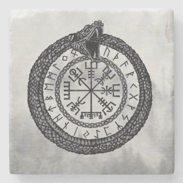 Vegvisir mit Ouroboros und Runen - Grayscale Steinuntersetzer (Vorderseite)