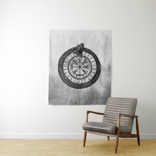 Vegvisir mit Ouroboros und Runen - Grayscale Wandteppich