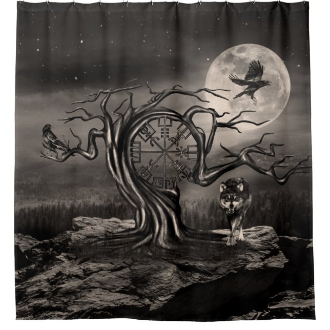 Vegvisir Tree Moon Landschaft - Sepia Duschvorhang (Vorderseite)