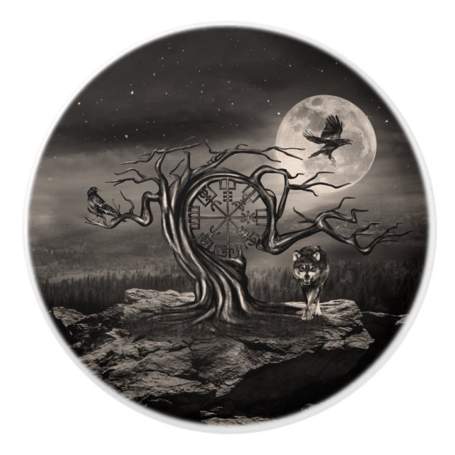 Vegvisir Tree Moon Landschaft - Sepia Keramikknauf (Vorderseite)