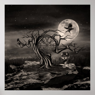 Vegvisir Tree Moon Landschaft - Sepia Poster