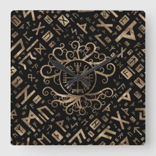 Vegvisir Tree of life Yggdrasil and Runes Quadratische Wanduhr