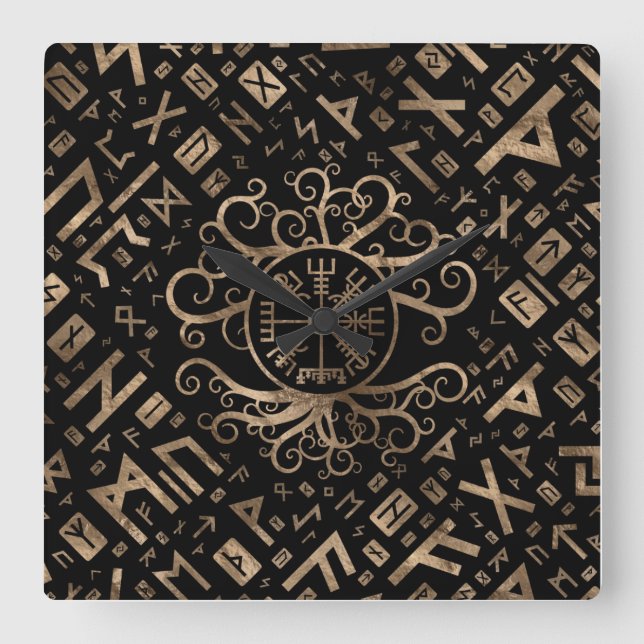Vegvisir Tree of life Yggdrasil and Runes Quadratische Wanduhr (Vorderseite)