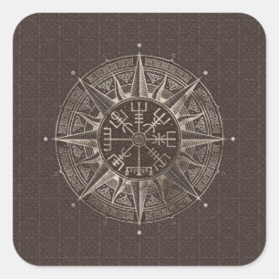 Vegvisir - Viking-Kompass - Brownleder und -gold Quadratischer Aufkleber