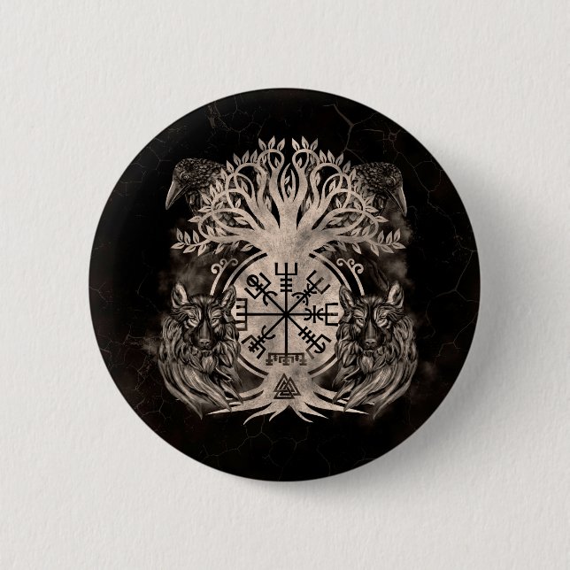 Vegvisir-Yggdrasil mit Ravens & Wölfen Button (Vorderseite)