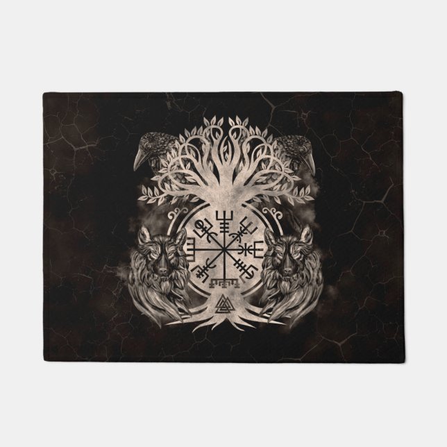 Vegvisir-Yggdrasil mit Ravens & Wölfen Fußmatte (Vorderseite)