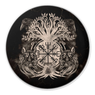 Vegvisir-Yggdrasil mit Ravens & Wölfen Keramikknauf