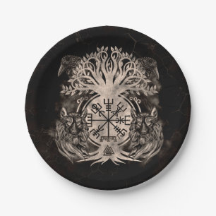 Vegvisir-Yggdrasil mit Ravens & Wölfen Pappteller