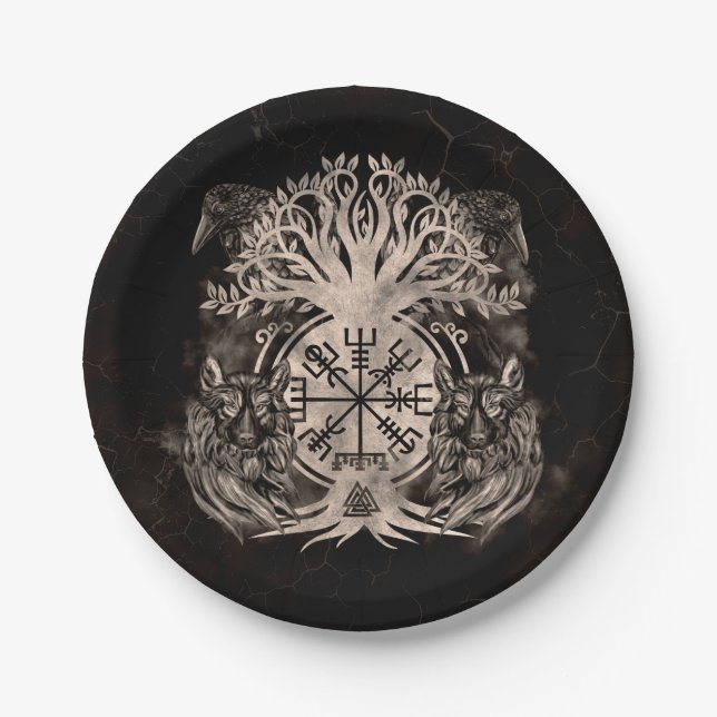 Vegvisir-Yggdrasil mit Ravens & Wölfen Pappteller (Vorderseite)