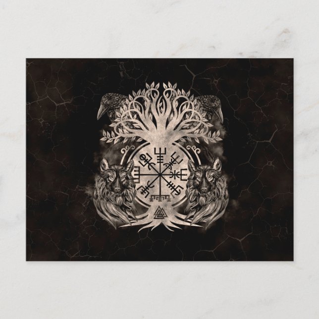 Vegvisir-Yggdrasil mit Ravens & Wölfen Postkarte (Vorderseite)