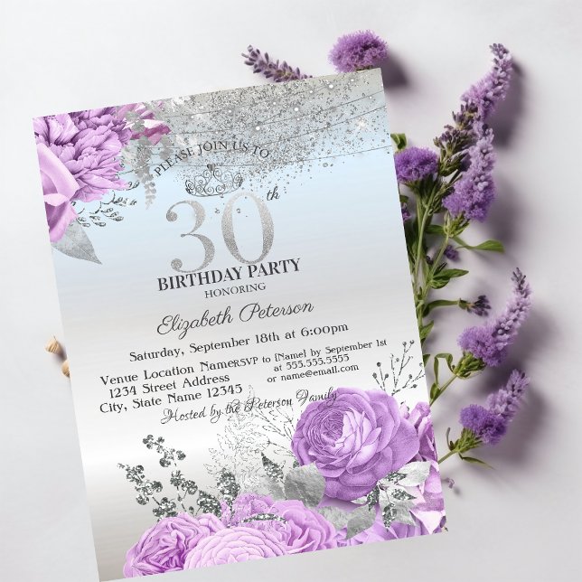 Veilchen Blumen Glitter Silber 30. Geburtstag Einladung (Von Creator hochgeladen)