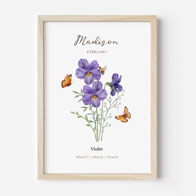 Veilchen-Geburtsmonatsblumenposter Poster (Example of violet birth flower poster once framed. )
