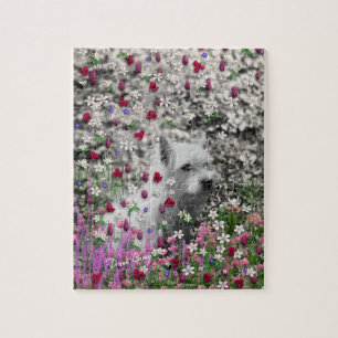 Veilchen in den Blumen - weißer Westie Hund Puzzle