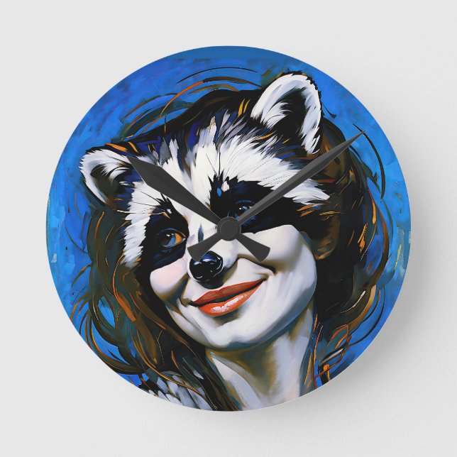"Velka Teyani" flüstert Raccoon Trickster Runde Wanduhr (Vorderseite)