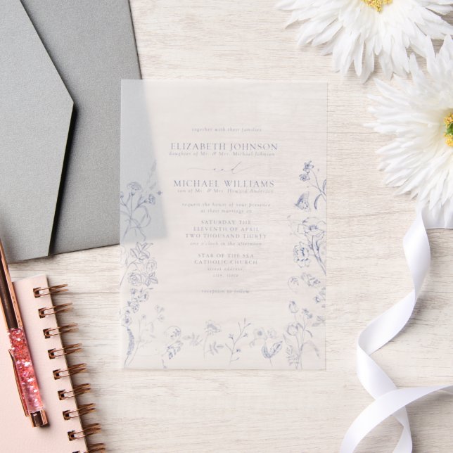 Vellum Chinoiserie Blauer Viktorianische Blumenzeh (Hochzeit)