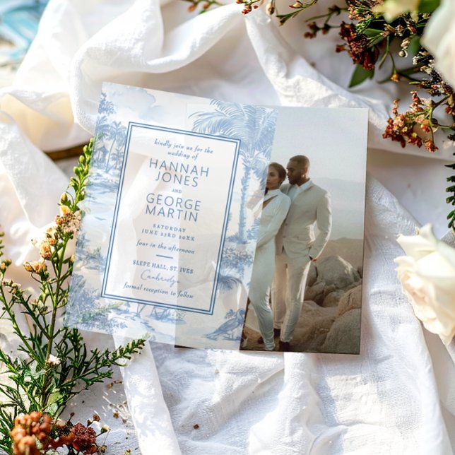 Vellum over Blue Coastal Toile Hochzeit Einladung (Von Creator hochgeladen)