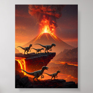 Velociraptor's mit einem ausbrechenden Vulkan Poster
