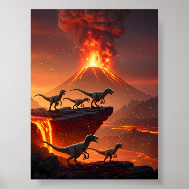 Velociraptor's mit einem ausbrechenden Vulkan Poster (Vorne)