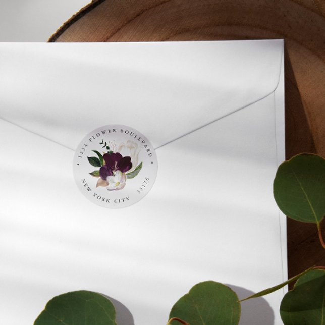 Velvet Magnolia Bouquet Botanische Rücksendeadress Runder Aufkleber (Von Creator hochgeladen)