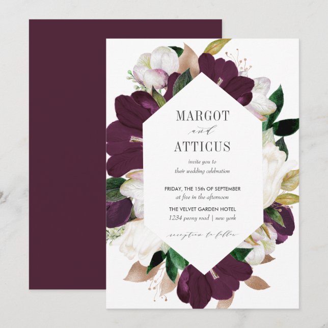 Velvet Magnolia und Elfenbein Blume Hexagon Hochze Einladung (Vorne/Hinten)