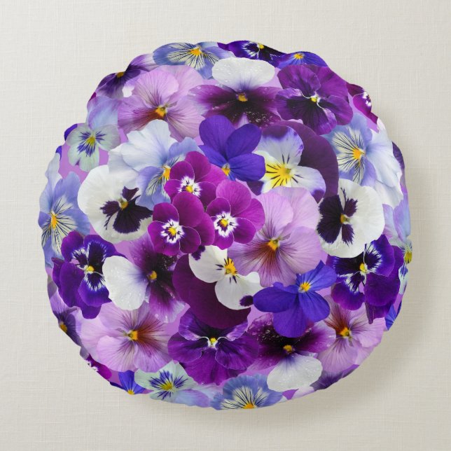 Velvet Pansy Lila Garden Blumenmuster Rundes Kissen (Vorderseite)