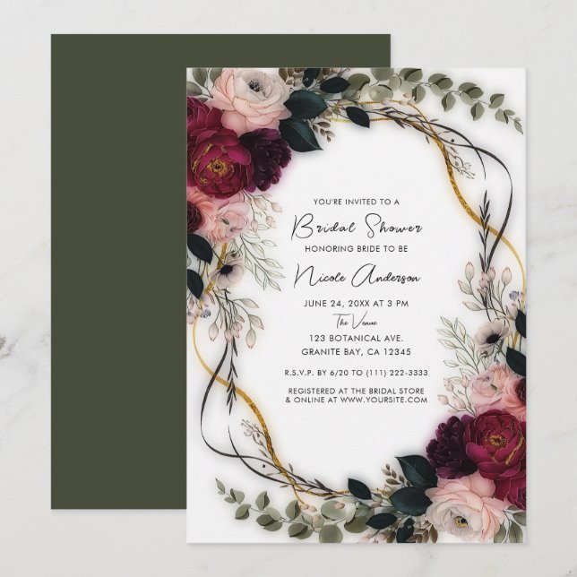 Velvet Plum Garden Floral Greenery Bridal Shower Einladung (Vorne/Hinten)