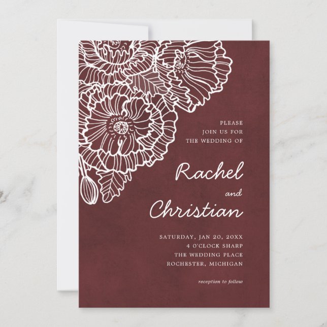 Velvet rot mit Blume aus weißem Strichmohn Einladung (Vorderseite)