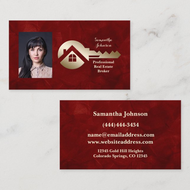Velvet Scarlet Gold Key Real Estate Business Card Visitenkarte (Vorne/Hinten)