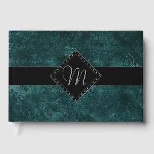 Velvety Aquamarin Damask Dunkelgrüne Grunge Cust Gästebuch
