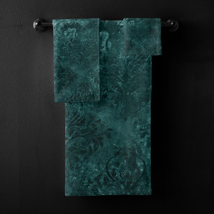 Velvety Aquamarin Damask   Dunkelgrüner Grunge Bar Badhandtuch Set