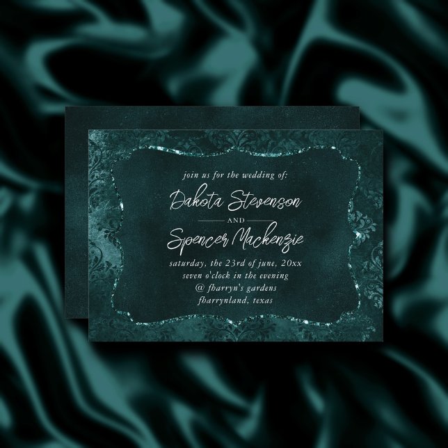 Velvety Aquamarin Damask | Dunkelgrüner Grunge Bar Einladung (Von Creator hochgeladen)