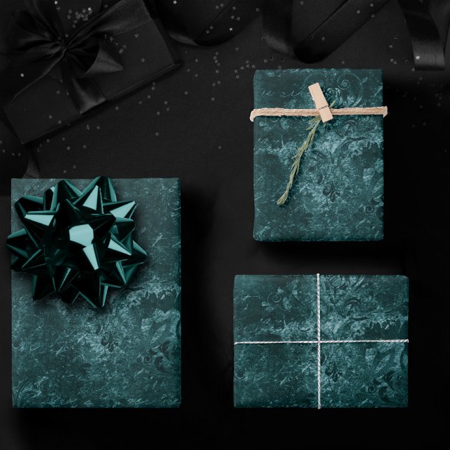 Velvety Aquamarin Damask | Dunkelgrüner Grunge Bar Geschenkpapier Set (Von Creator hochgeladen)