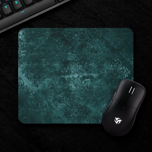 Velvety Aquamarin Damask | Dunkelgrüner Grunge Bar Mousepad (Von Creator hochgeladen)