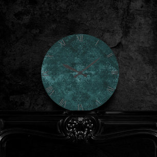 Velvety Aquamarin Damask   Dunkelgrüner Grunge Bar Runde Wanduhr