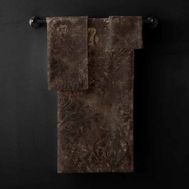 Velvety Bronze Damask | Brown Baroque Grunge Badhandtuch Set (Von Creator hochgeladen)