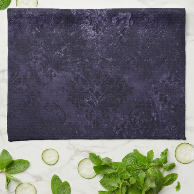 Velvety Midnight Damask | Indigo Lila Grunge Geschirrtuch (Gefaltet)