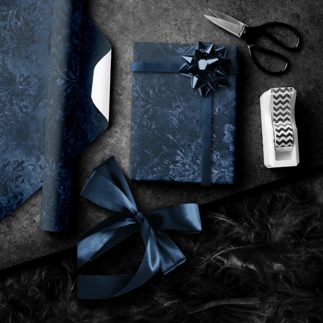 Velvety Navy Damask | Dark Blue Grunge Barock Geschenkpapier (Von Creator hochgeladen)