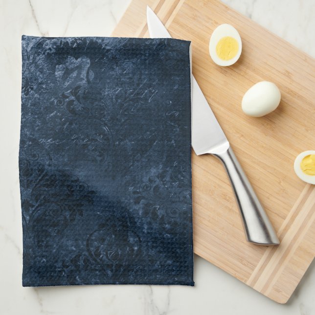 Velvety Navy Damask | Dark Blue Grunge Barock Geschirrtuch (Viertel Falte)