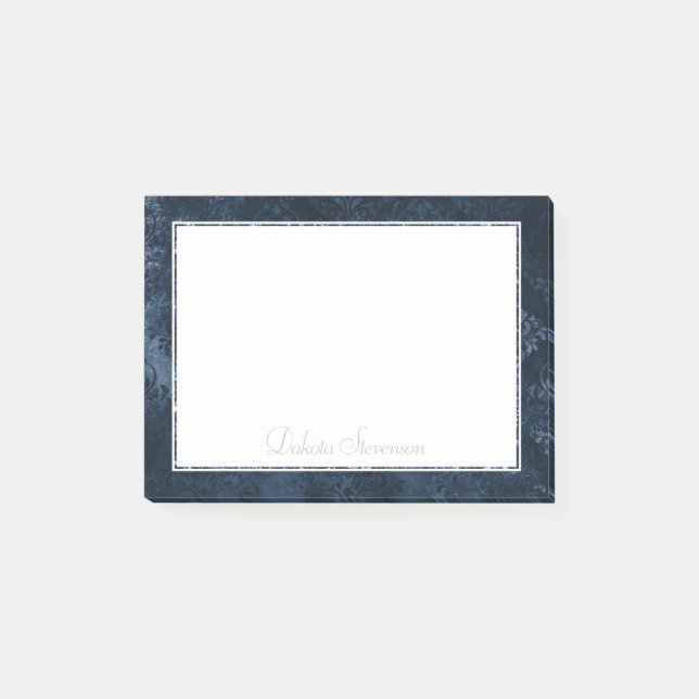 Velvety Navy Damask | Dark Blue Grunge Barock Post-it Klebezettel (Vorderseite)
