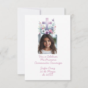 Ven A Celebrar Mi Primera Comunión con Foto Flores Dankeskarte