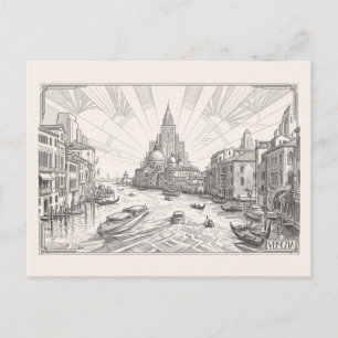 Venedig Grand Canal Vintage Art Deco Bleistiftskiz Postkarte
