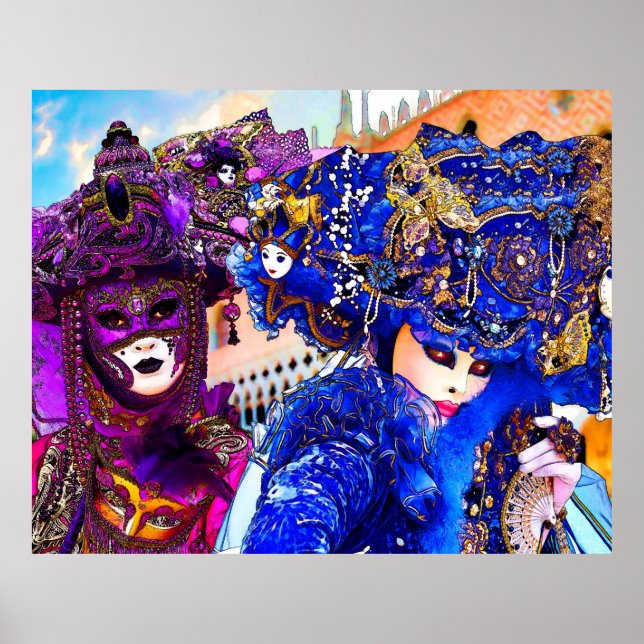 Venedig Karneval Bunte traditionelle Masken Zeichn Poster (Vorne)