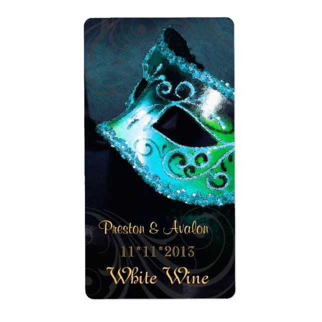 Venedig Masquerade Aquamarin Wine Wedding Label (Vorne)