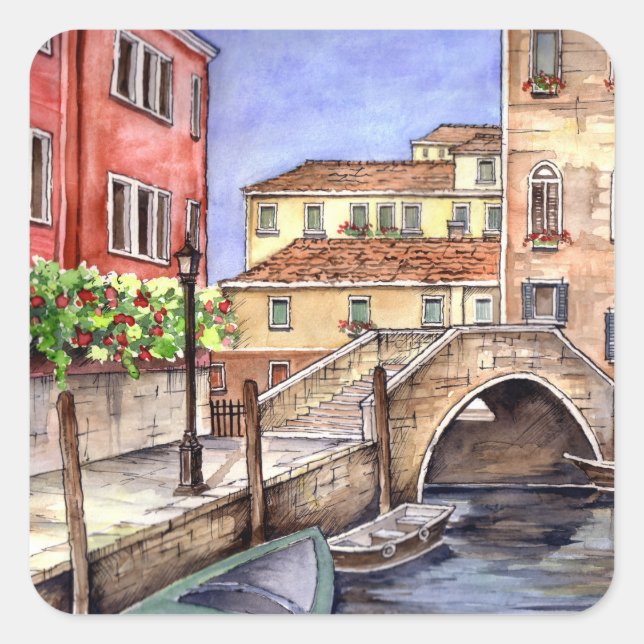 Venedig - Pen & Wash Wasserfarbe Quadratischer Aufkleber (Vorderseite)