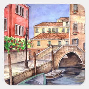 Venedig - Pen & Wash Wasserfarbe Quadratischer Aufkleber