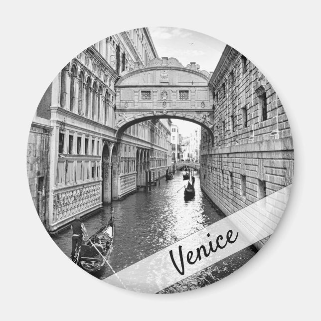 Venedig-Seufzerbrücke Schwarz-weiß mit Gondolier Magnet (Vorne)
