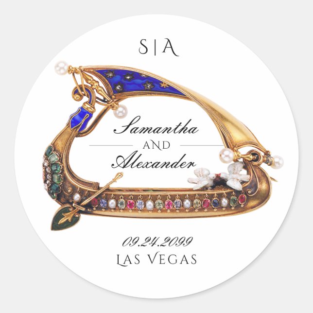 Venezianisch Gondola Verziert Black & White Weddin Runder Aufkleber (Vorderseite)